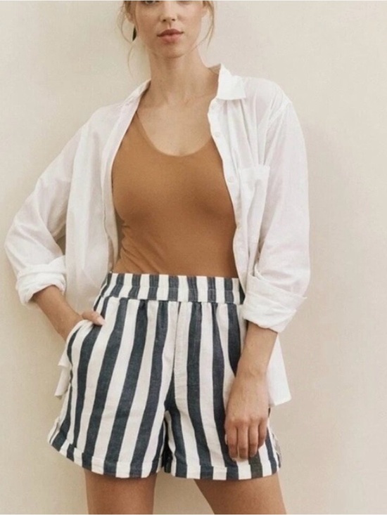 Pact Pants - Pact Mariner Blue Striped Rhea Tabbed Shorts Organic Cotton Linen Sz XL Summer
